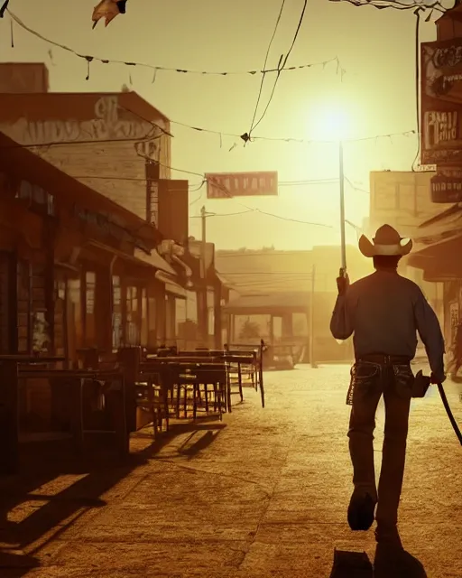 Prompt: an old cowboy walking through the door of a bustling, crowded bar of other people, wild west, sunset lighting, dusty, sunbeams. digital illustration, colors, soft lighting, adventurous, atmospheric lighting, 8K, octane render. By Makoto Shinkai, Stanley Artgerm Lau, WLOP, Rossdraws, James Jean, Andrei Riabovitchev, Marc Simonetti, krenz cushart, Sakimichan, D&D trending on ArtStation, digital art.