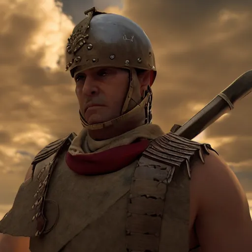 Image similar to a roman solider going into battle with a face that is angry and one that of breavey, 4 k, unreal engine 6, very detailed, high quality, highly rendered