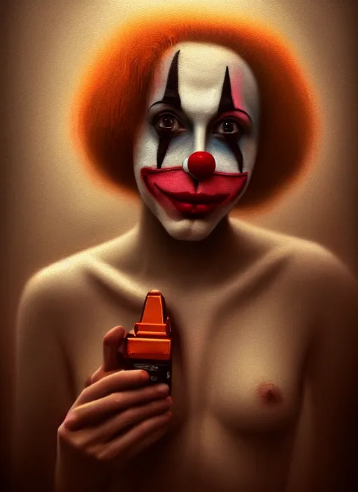 Image similar to polaroid selfie of clown influencer, diaphanous, render, octane, detailed, award winning photography, masterpiece, dark backround, highly detailed, digital illustration, trending in artstation, modern painting, smooth, sharp focus, intricate, einar jonsson and bouguereau