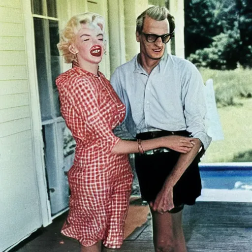Prompt: “Marilyn Monroe and her husband young Arthur Miller photographed at their home in Amagansett, 1957, color photograph, playful”