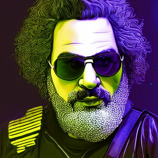 Image similar to highly detailed rony abovitz as jerry garcia, cyberpunk, concept art, character art, studio lightning, bright colors, intricate, masterpiece, photorealistic, hyperrealistic, sharp focus, high contrast, Artstation HQ, DeviantArt trending, 8k UHD, Unreal Engine 5