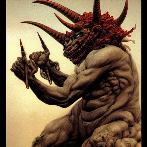 Image similar to raijin demon concept, horned, bulky body, beksinski