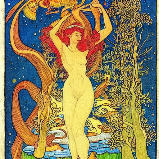 Prompt: a woman who moved to another planet with husband, hot weather, full growth, by Ivan Bilibin, Russian fairytales illustration