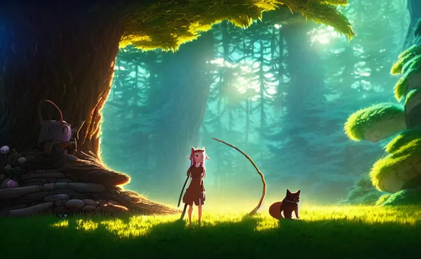 Image similar to a bounty hunter and her cat companion their woodland home in a fantasy studio ghibli animated film, d & d, fantasy concept art, global illumination, beautiful composition, volumetric lighting, octane render by christopher balaskas, highly detailed