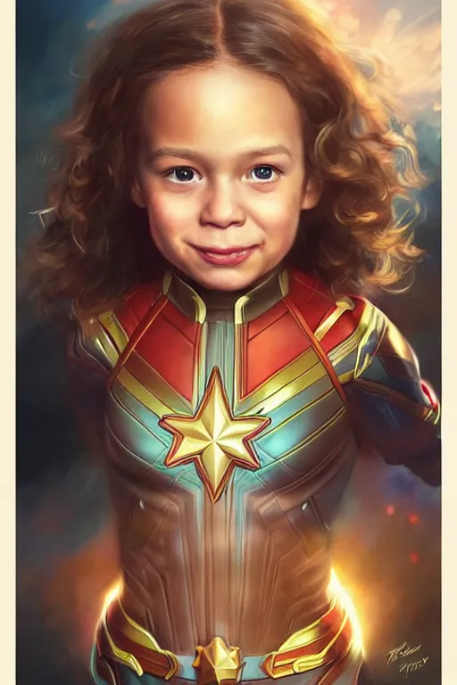 Prompt: a little girl with a michievous face and wavy curly light brown hair. she is dressed as captain marvel, a superhero. clean elegant painting, beautiful detailed face. by artgerm and greg rutkowski