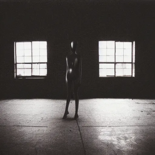 Image similar to empty warehouse room with a lone female mannequin in front of the camera cinestill liminal 7 0's film