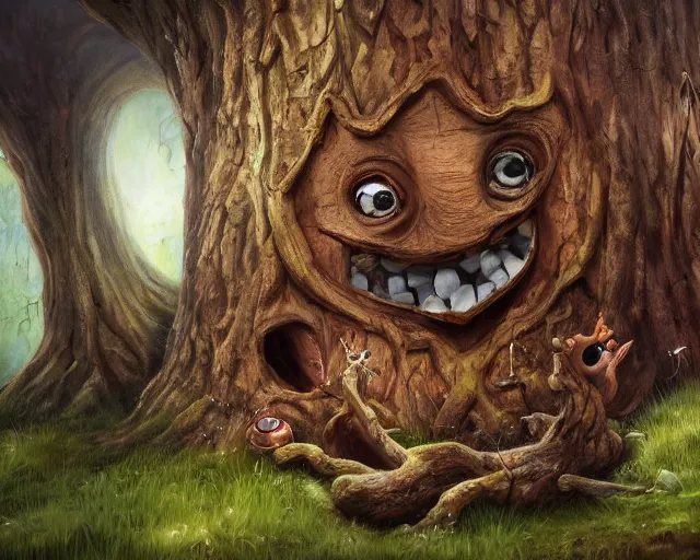 Image similar to a talking tree, a smiling face in the bark, nose made of wood, mouth in the bark, eyes in the bark, fantasy concept art, fantasy oil painting, hyperrealistic, magical, highly detailed, artstation, cgsociety, in the forest