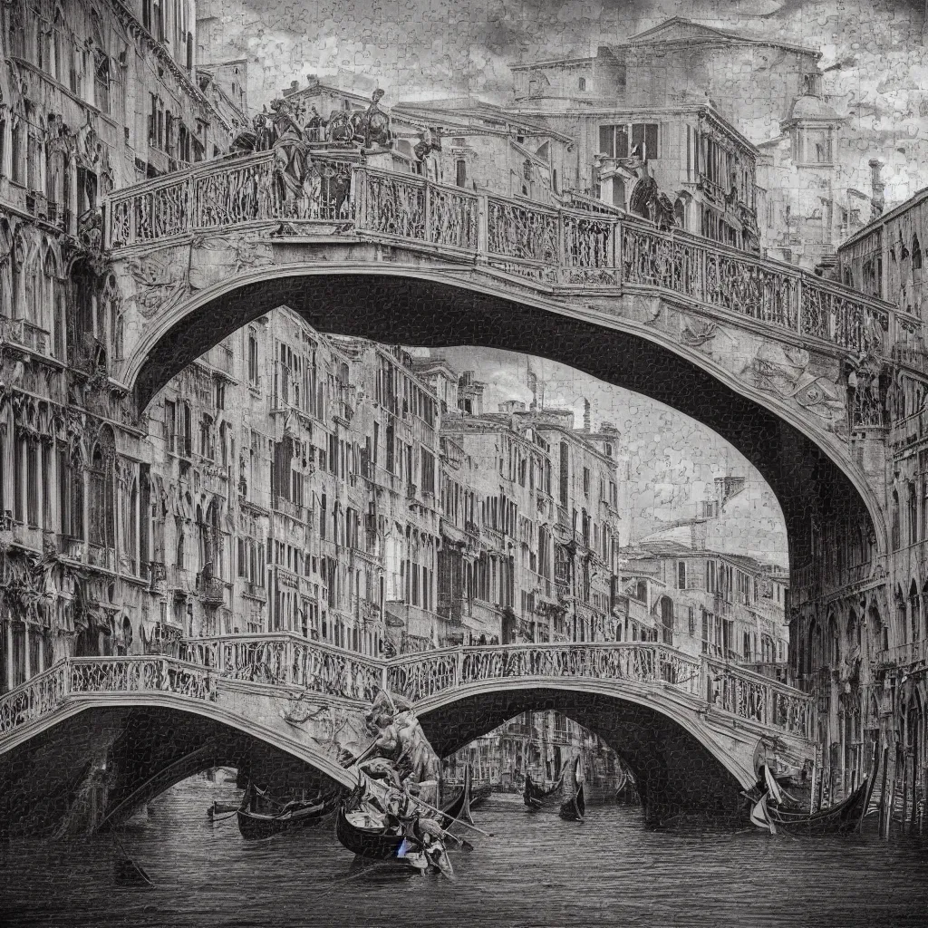 Prompt: venice bridges puzzle by piranesi, composition, cinematic, rule, grid