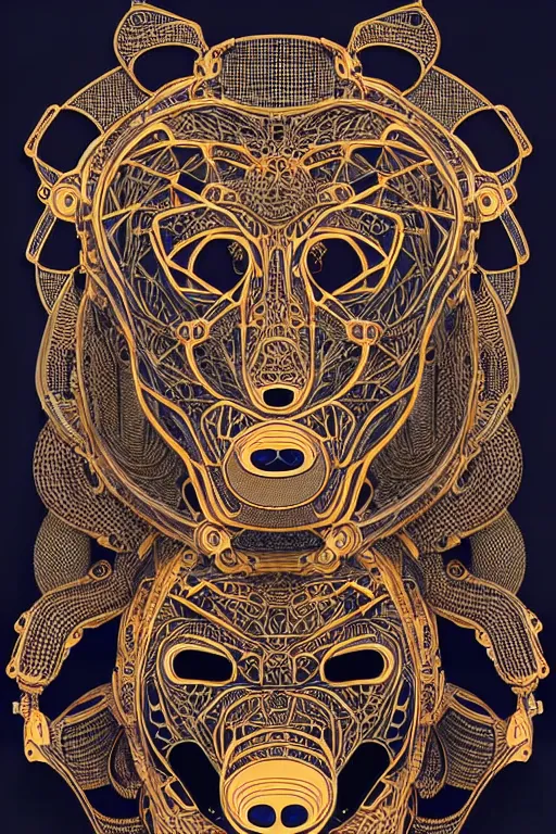Image similar to a centered uncut fullbody frontview portrait of a robotic bear headed biomechanical creature by clogtwo and subjekt zero feat paul lewin. intricate detailed sharp clean textured very ornated. indian style tapestry design. lowbrow color palette
