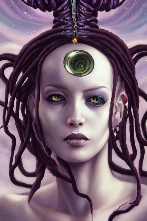 Image similar to portrait of an alien woman queen with long floating snake dreads, straight on portrait, by artgerm, tom bagshaw, gerald brom, vaporwave colors, lo - fi colors, vaporwave, lo - fi, moody vibe, goth vibe, 4 k, hd,