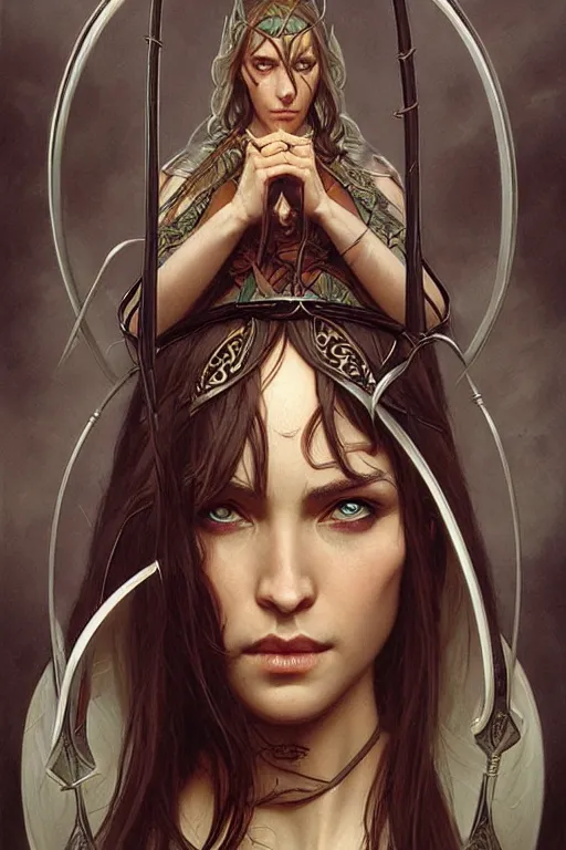 Prompt: portrait of a wise elven archer, dark, piercing eyes, gentle expression, elegant clothing, photorealistic, highly detailed, artstation, smooth, sharp focus, art by michael whelan, artgerm, greg rutkowski and alphonse mucha