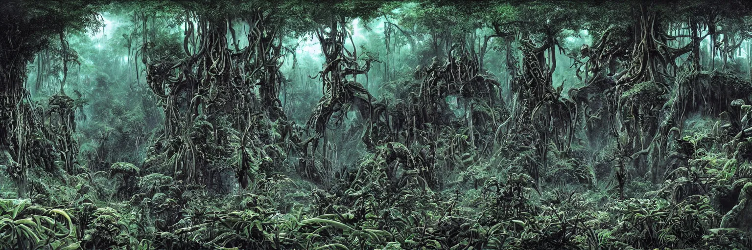 Image similar to underground cave on an exotic alien planet with a jungle canopy of antler trees in the background, leafy overgrowth, insectile weeds, demon faces, skulls, by ian miller, rodney matthews and al feldstein, photorealistic render