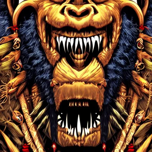 Image similar to close - up view of barong family member, wiwek, bleeding fangs, viking beard, mara demon, one single tribe member, jungle, gorilla, tribals, art by dan mumford and justin gerard