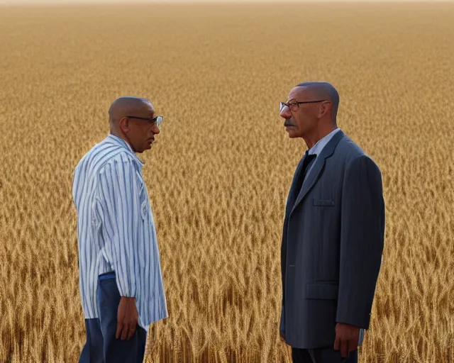 Image similar to extreme long shot of walter white and gustavo fring stand facing each other from a distance in a wheat field, low angle, side view, 3 5 mm photograph, 8 k resolution, wide shot, sharp lens