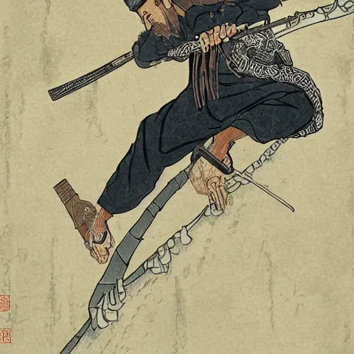 Image similar to by hokusai, samurai man vagabond, the samurai holds chains, detailed, editorial illustration, matte print, concept art, ink style, sketch, digital 2 d