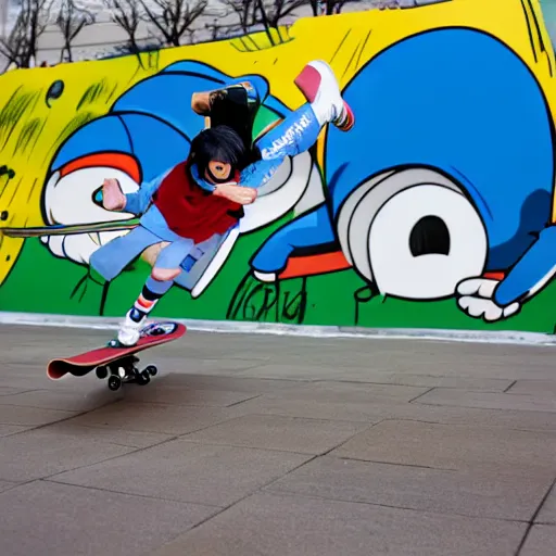 Prompt: doraemon performing skateboard tricks, wearing baggy clothing