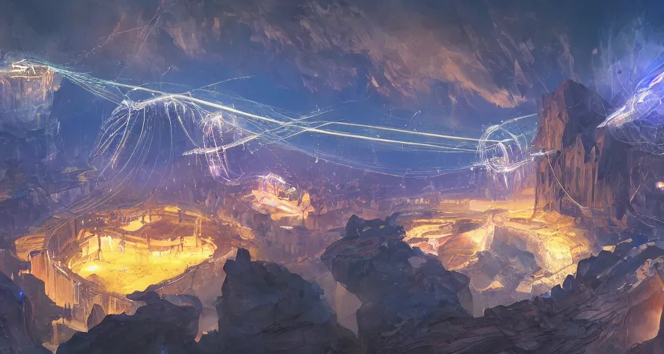 Image similar to night, a lot of people and a spiral - shaped white luminous attractor is floating in grand canyon, concept art, art for the game, professional lighting, art