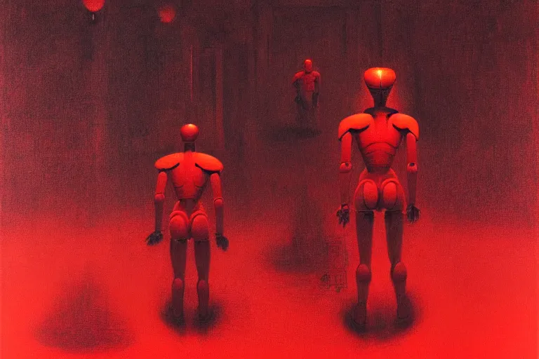 Image similar to only with red, a red samurai humanoid, tokio futuristic in background, some evil yokai, in the style of beksinski, parts by edward hopper, parts by rodcenko, parts by yue minjun, intricate and epic composition, red by caravaggio, insanely quality, highly detailed, masterpiece, red light, artstation, 4 k