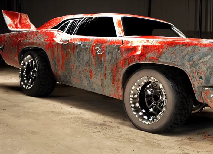 Prompt: muscle car built by rob zombie