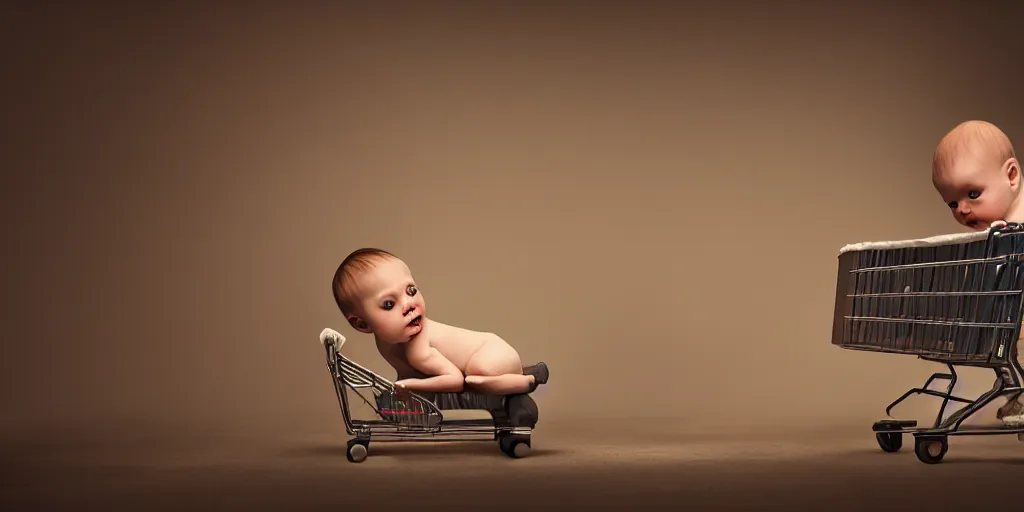 Prompt: beer drinking baby in diapers with a shopping cart, dim volumetric lighting, 8 k octane beautifully detailed render, post - processing, extremely hyper - detailed, intricate, epic composition, cinematic lighting, masterpiece, detailed detailed detailed, masterpiece, stunning art, wonderful masterpiece, beautiful cinematic light