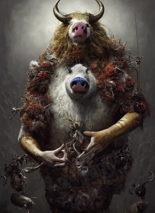 Image similar to a hyper detailed painting of a anthropomorphic joaquin phoenix as the king of animals, cow horns, pig nose, sheep wool, chicken feathers, horror, by anna podedworna, by miklos ligeti, by diego maricato, by taran fiddler, by antonino truisi, by chris reddie, on artstation