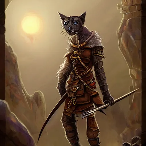 Image similar to “ dungeons and dragons tabaxi rogue, anthromorphic cat person with a repeating crossbow in a medieval city, small and big, illustration, fantasy, trending on artstation ”