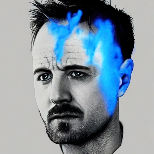 Image similar to breaking bad's jesse pinkman's head coming out of a meth blue mist, trending on artstation, profile pic, centered, accurate anatomy, highly detailed, digital art,