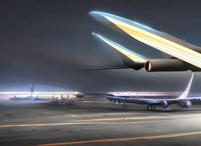 Image similar to immense futuristic jet plane arrives at runway of cyberpunk airport at night ,cinematic lighting, concept art