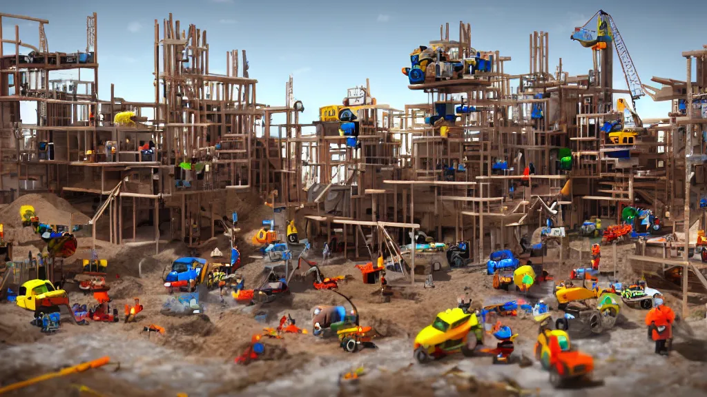Prompt: construction site made out of toys, pipes, concept art, 3d render, low angle photo