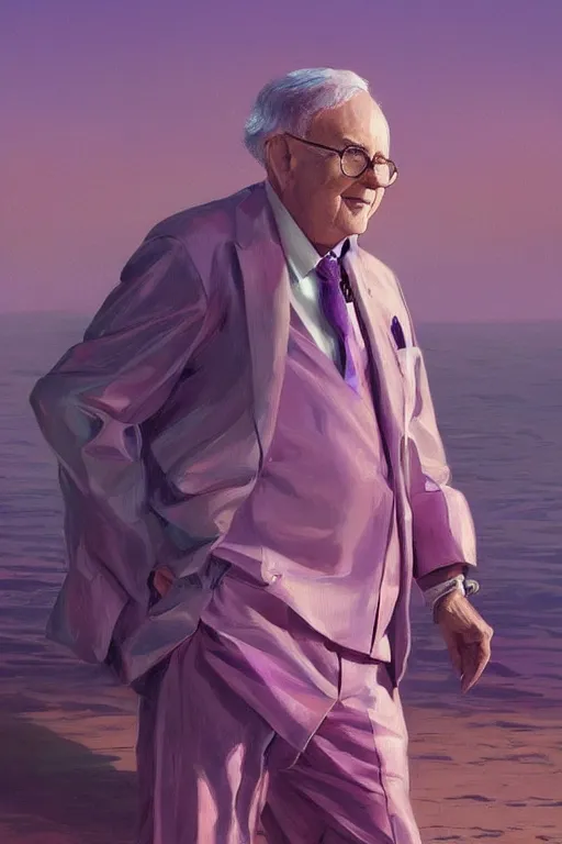 Prompt: warren buffet robotic clothes in the beach purple sun, pink lighting ultra realistic photorealistic highly detailed high quality, a stunningly, digital painting, artstation, concept art, smooth, sharp focus, illustration, art by artgerm and greg rutkowski and alphonse mucha 8 k