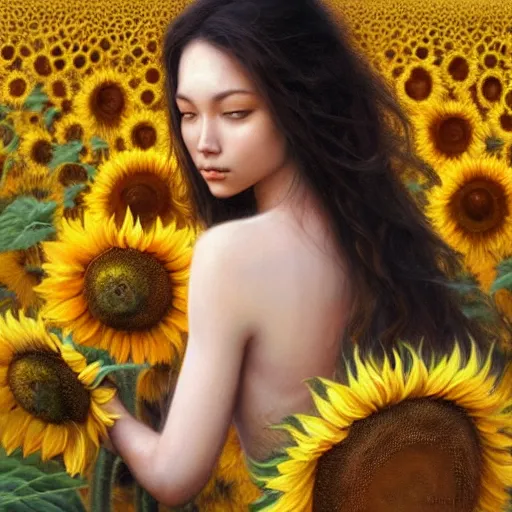 Image similar to a girl slowly walking through amazing tall sunflower field, hair flowing, early morning lightning, bad weather approaching, elegant, subtle, intricate details, real masterpiece, oil on canvas, by karol bak, ayami kojima, artgerm, smile, concept art, fantasy