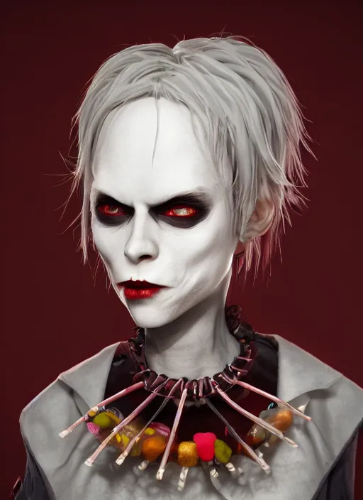 Prompt: albino androgynous vampire with a bol full of candy, photography, award wining, concept art, ambient light, 4 k, intricate details, highly professionally detailed, cgsociety, highly detailed -