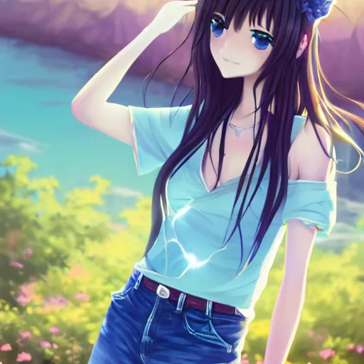 Prompt: a very beautiful anime girl, full body, long wavy blond hair, sky blue eyes, full round face, short smile, cute top, short jeans, summer lake setting, cinematic lightning, medium shot, mid-shot, highly detailed, trending on Artstation, Unreal Engine 4k, cinematic wallpaper by Stanley Artgerm Lau, WLOP, Rossdraws, and Sakimichan