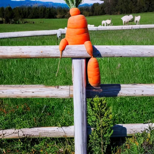 Prompt: a carrot in a tutu dancing the macarena on a wooden fence pole with pasture in the background