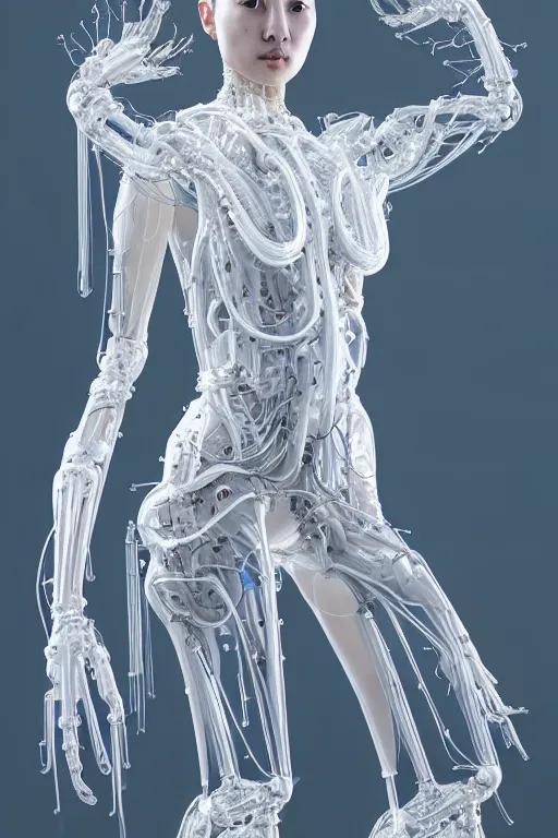 Image similar to beautiful young asian woman, iris van herpen, perfect symmetrical body, full body shot, inflateble shapes, wires, tubes, veins, jellyfish, white biomechanical details, wearing epic bionic cyborg implants, masterpiece, intricate, biopunk, vogue, highly detailed, artstation, concept art, cyberpunk, octane render