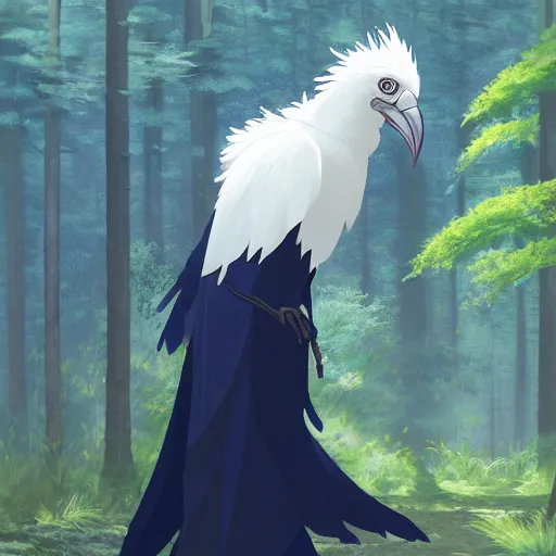 Image similar to concept art painting of an anthropomorphic albino raven wearing dark blue robes, in the deep forest, realistic, detailed, cel shaded, in the style of makoto shinkai and greg rutkowski and james gurney