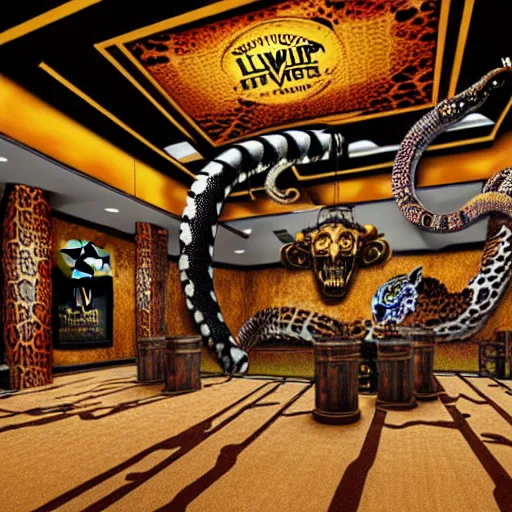 Image similar to interior view of a clockwork steampunk snakeprint temple, rolex alien golf course liminal space, buffalo wild wings las vegas temple interior liminal space, cowboy leopard with snake boots from tekken