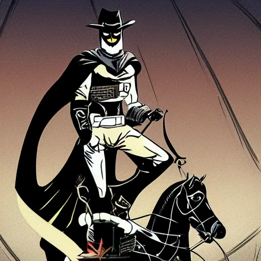 Prompt: gunslinger on a horse overlooking the desert, in the style of Batman the animated series by Bruce Trimm