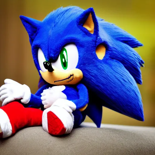 Image similar to Plush doll of Sonic the Hedgehog sitting in Vancouver during the morning, 8K, cute, looks soft, high quality, HD resolution