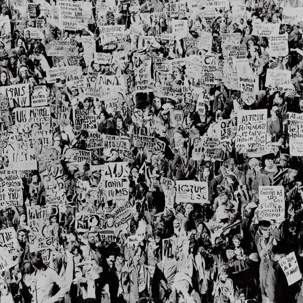 Prompt: a 60's psychedelic poster of hippies protesting against computers and artificial intelligence, sign with a computer