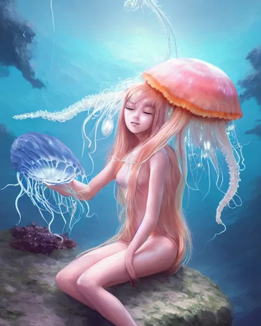 Prompt: concept art of a jellyfish creature girl, sitting on a rock at the bottom of the ocean | | cute - fine - fine details by stanley artgerm lau, wlop, rossdraws, and sakimichan, trending on artstation, brush strokes