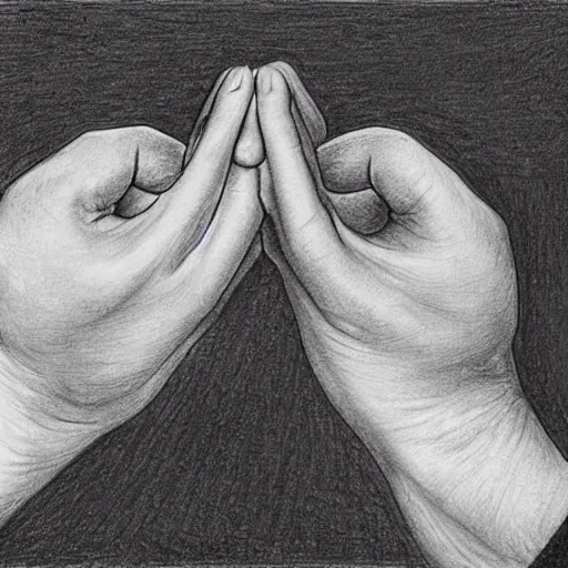 Image similar to M.C. Escher two hands drawing each other with a pencil