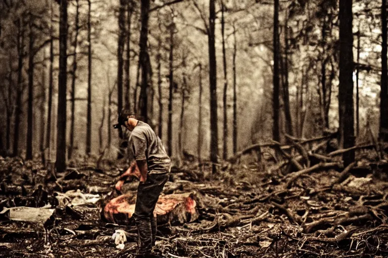 Image similar to terrible dark forest in the depths of which there is a thick butcher in a dirty shirt, chopping meat on a wooden stump, filmed hidden on a phone camera, Cinematic, wildlife photography, 35mm, photo on iphone