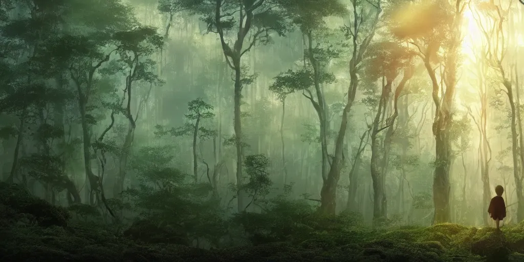 Image similar to giant liquid spirit monster!!!, forest treetops, 4 k, high detail, dramatic lighting, sunset, hayao miyazaki, masashi ando, nizou yamamoto, kazuo oga, joe hisaishi, yoji takeshige, naoya tanaka