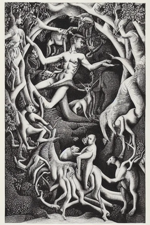 Prompt: Orpheus charming the beasts. Engraving by M.C. Escher