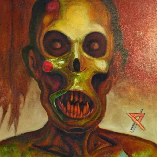 Image similar to portre of an autistic demon on acid, masonic and kabalistic symbols in background, oil painting