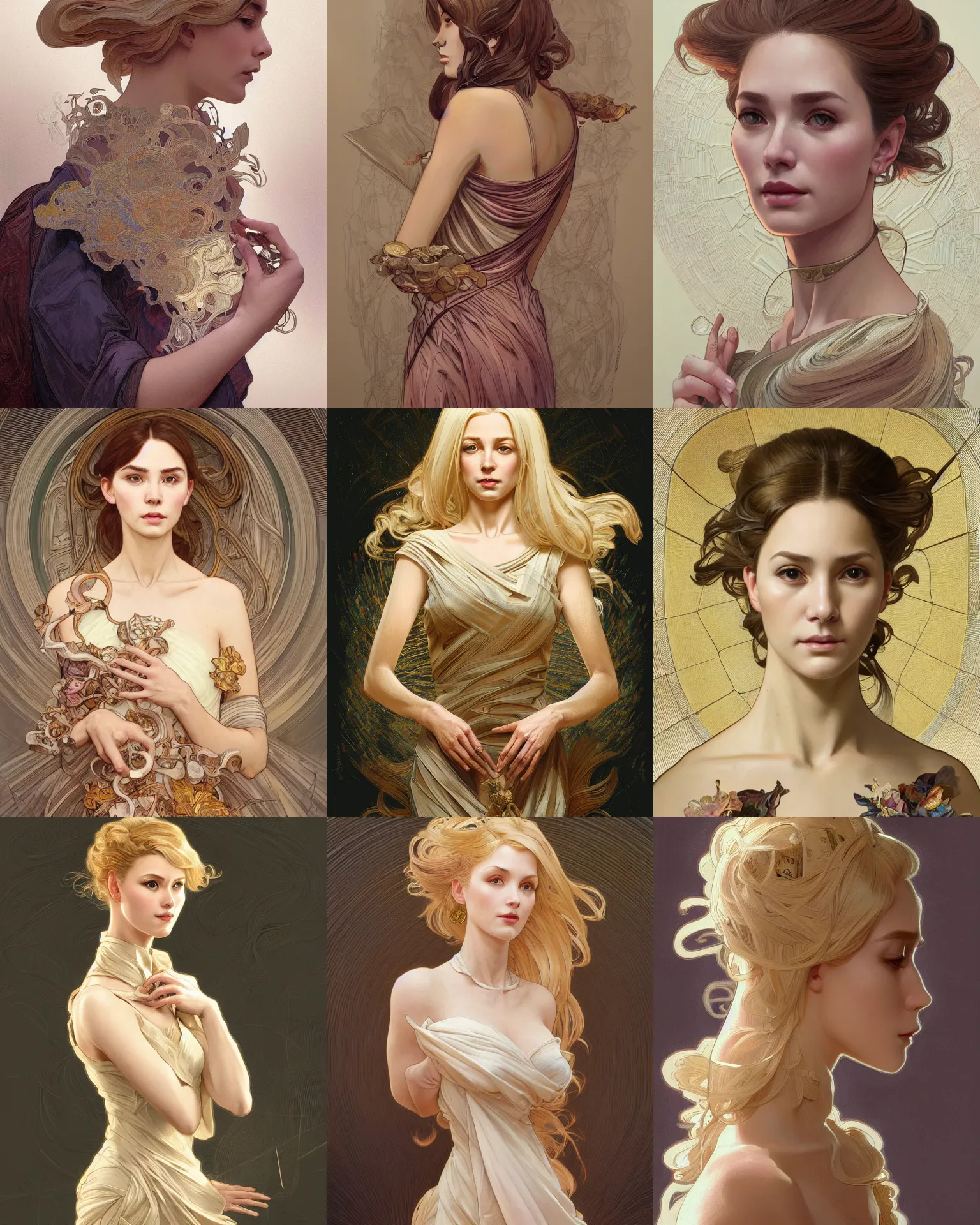 Prompt: Portrait of a museum art curator, blonde, abstract dress, intricate, elegant, highly detailed, digital painting, artstation, concept art, smooth, sharp focus, illustration, art by artgerm and greg rutkowski and alphonse mucha and maya takamura and Hitomi Isono