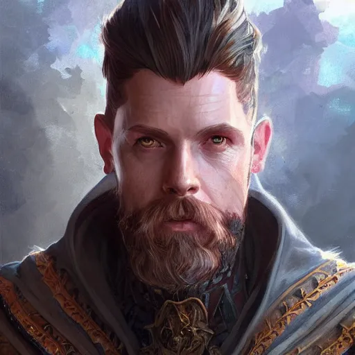 Prompt: sean harris wizard, D&D, painted fantasy character portrait, highly detailed, digital painting, artstation, sharp focus, art by artgerm and greg rutkowski and alphonse mucha