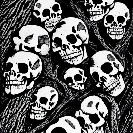 Prompt: Skulls lying under a dead tree. Close Up Shot, Dark Fantasy, Film Noir, Black and White. High Contrast, Mike Mignola, D&D, OSR