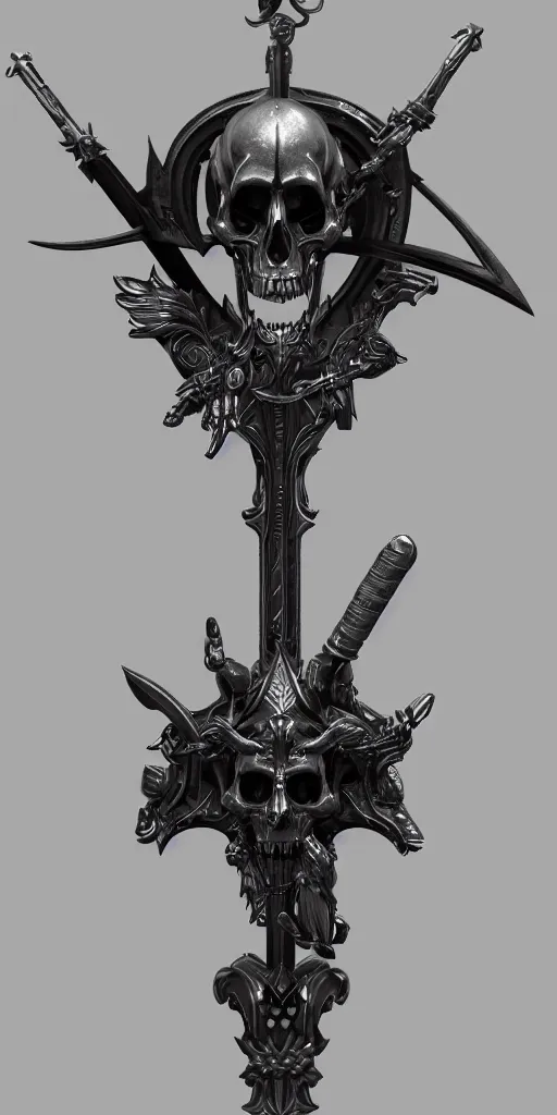 Prompt: a black and silver sword skull crest, weapon, a 3 d render by dom qwek, front side, concept art, trending on polycount, artstation, hard surface modeling, rendered in maya, zbrush, hd, vray, blizzard, symmetry